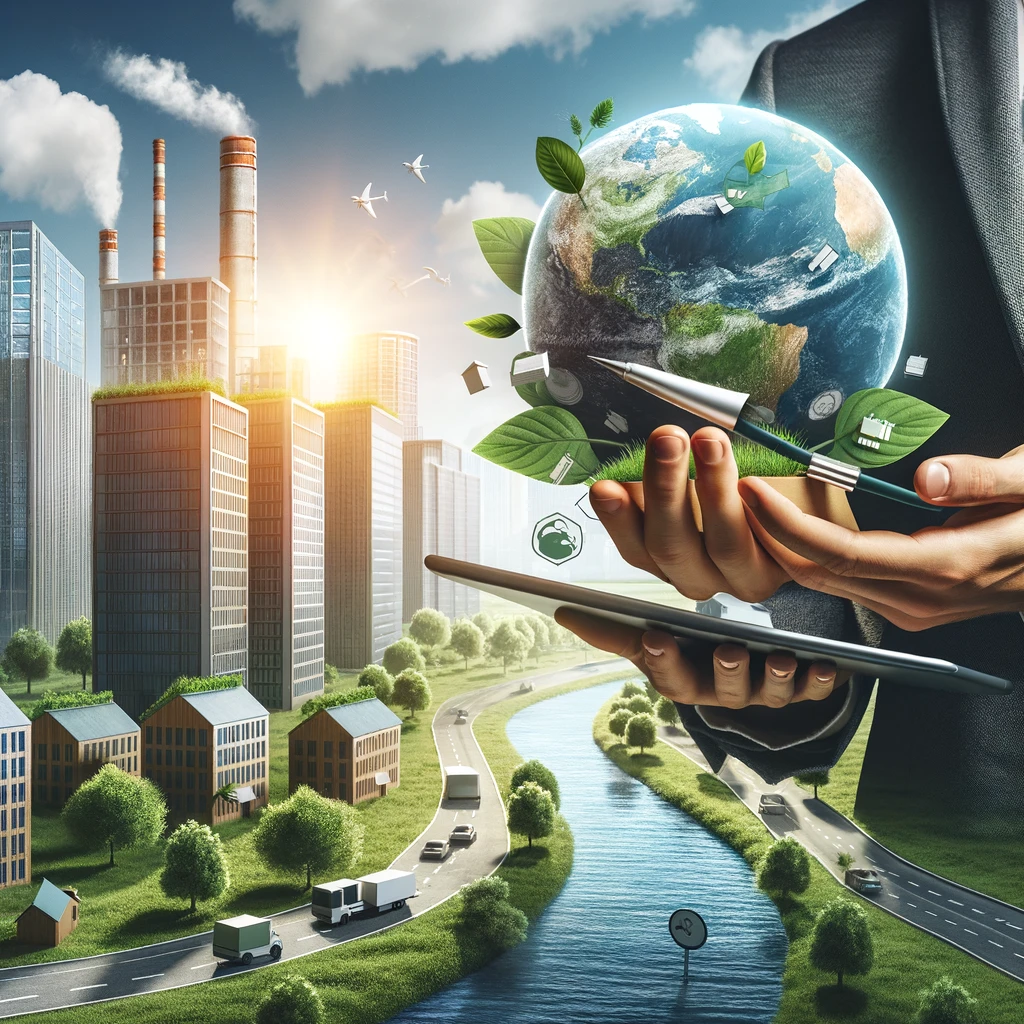Um empresário segura um globo com ícones verdes e um tablet, indicando negócios sustentáveis ao lado de uma estrada serpenteante que transita de uma cidade industrial para uma paisagem mais verde e sustentável, representando a jornada do licenciamento ambiental.