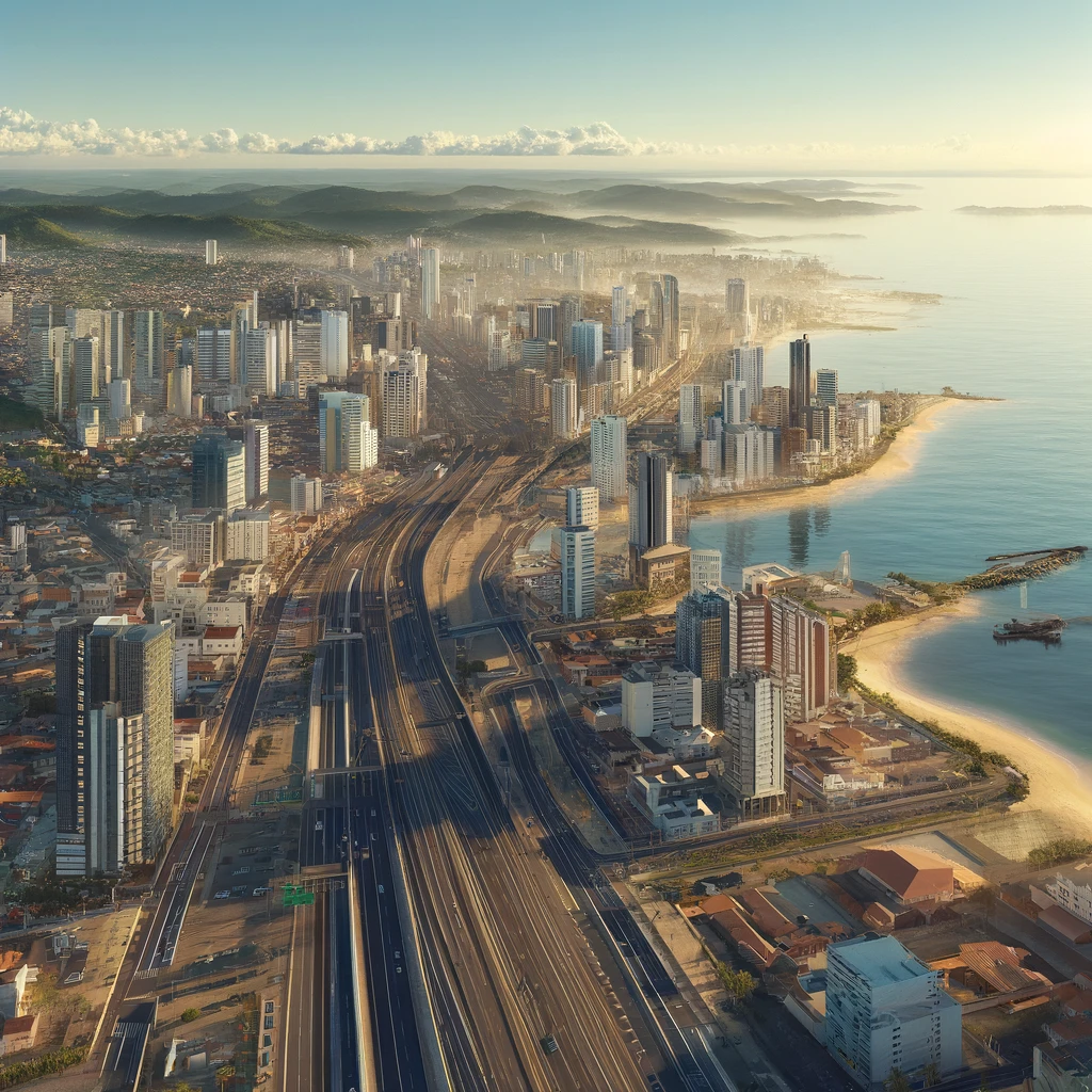 Cidade costeira brasileira vibrante durante um dia ensolarado, dividida por uma rodovia principal, com áreas comerciais e residenciais em desenvolvimento mostrando a contribuição do licenciamento ambiental na valorização imobiliária.